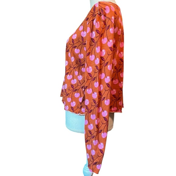 Maeve By Anthropologie Orange and Pink Cherry Print Long Sleeve Top Size Small - Picture 3 of 9